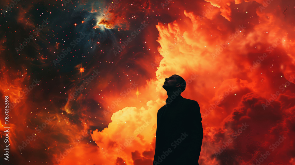Cosmic, fantasy and stars with silhouette on orange background for ethereal or spiritual faith. Galaxy, sky and universe with figure of person in prayer to God for magic miracle on surreal nebula