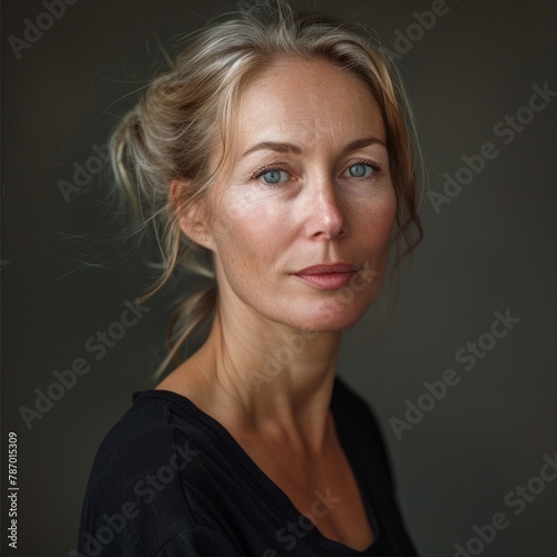 Close-up of a poised woman with subtle smile on a warm, neutral background