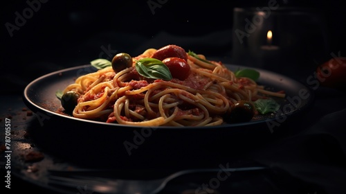 Dark plate with italian spaghetti on dark Generative AI