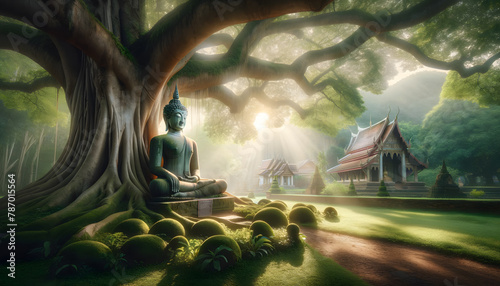 A Buddha statue seated under a Bodhi tree, enhanced by the warm glow of twilight. numerous floating lanterns drift gently into the sky, casting a magical glow and adding a sense of celebration and hop photo