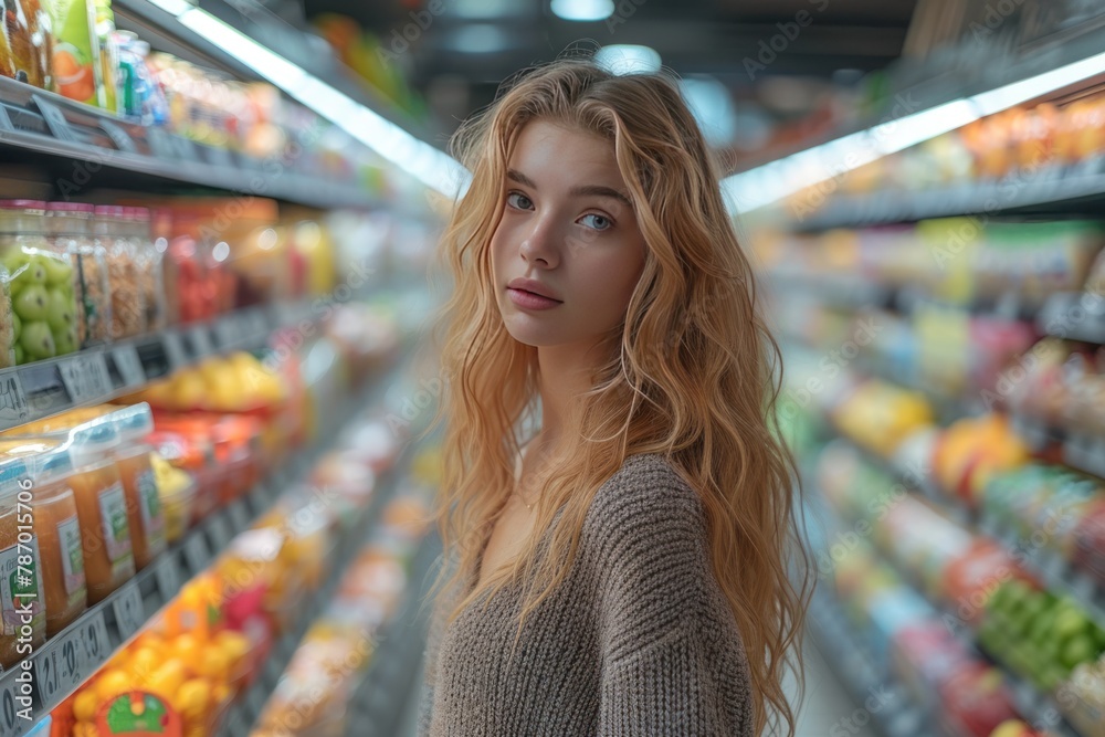 woman In Supermarket Buying Groceries Food