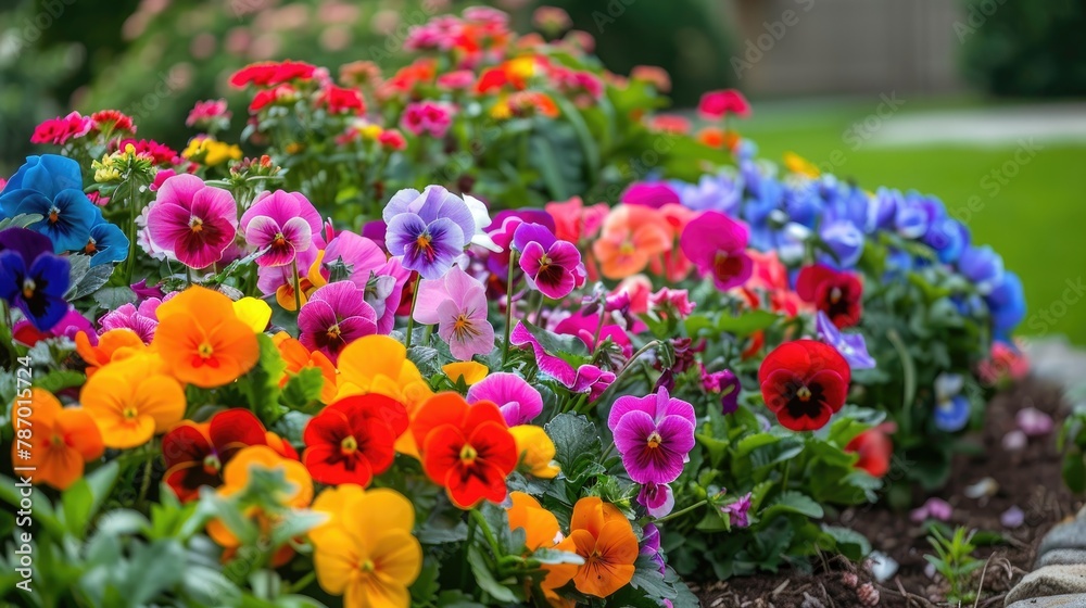 Summer flower bed filled with vibrant pansies and geraniums in bloom Summer flower bed filled with vibrant pansies and geraniums in bloom