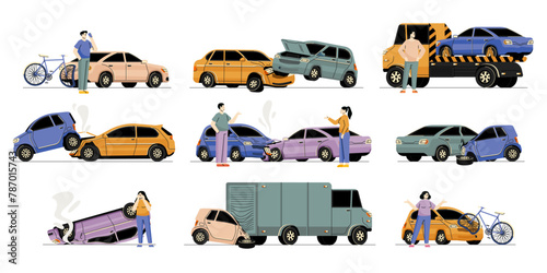 Cartoon car accidents. Crash of vehicle with pedestrian, driver and passenger in dangerous situation, car accident concept. Vector flat set of accident car crash cartoon illustration