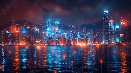 Construct a sweeping view of Hong Kong's skyline at night, illuminated by the lights of its towering skyscrapers, many housing leading financial institutions.