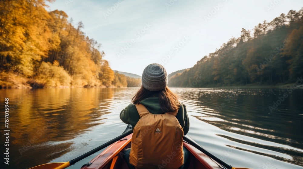 Meeting sunset on kayaks. Rear view kayaking on lake together with sunset in the backgrounds Meeting sunset on kayaks. Rear view kayaking on lake together with sunset in the backgrounds