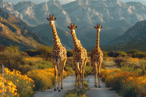 Three giraffes, terrestrial animals from the Giraffidae family, stroll along a dirt road with mountains in the background in a grassland biome photo