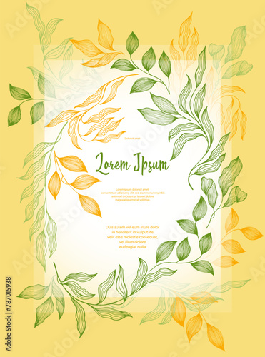 Bay leaves frame vector greeting card template. Rustic card design with laure...