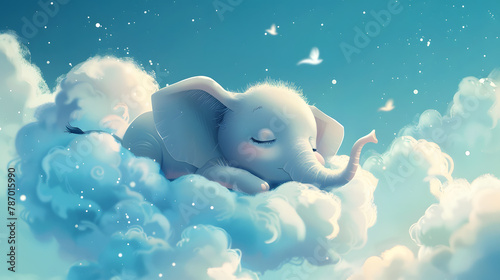 cute cartoon little baby elephant sleeps on a cloud