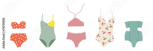 Colorful female beachwear, swimwear, lingerie assortment. One-piece, two-piece swimming suit, bathing costume fashion flat icons set. Maillot, bandeau, bikini. Vector swimsuit isolated on white.