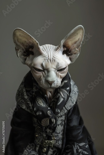 Immerse viewers in a photorealistic representation of a sphynx cat donning creatively designed Schiaparelli attire and accessories, imbued with anthropomorphic elements Set against a neutral backgroun