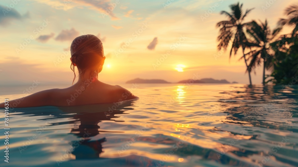 Woman enjoying a serene sunset in a luxurious infinity pool overlooking the ocean