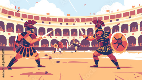 Gladiators fighting in a coliseum arena. Battle photo