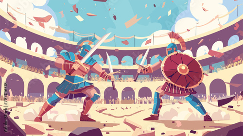 Gladiators fighting in a coliseum arena. Battle