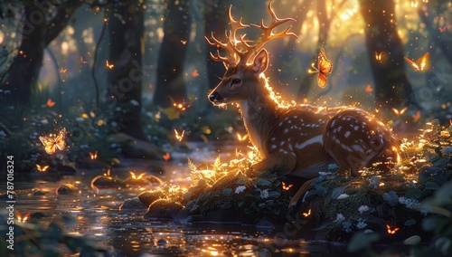 A deer peacefully rests in a natural landscape, surrounded by twinkling fireflies. The serene scene includes lush grass, trees, and a nearby stream