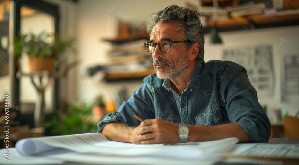 A thoughtful mature architect studies plans at a cluttered workstation. A thoughtful mature architect studies plans at a cluttered workstation.