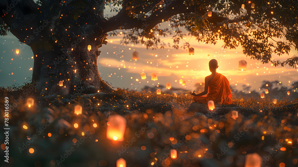 A young novice monk meditating under a Bodhi tree at dusk, located in the middle of a lush green meadow. sky lanterns float gently into the evening sky, casting a warm, ambient glow. - obrazy, fototapety, plakaty 