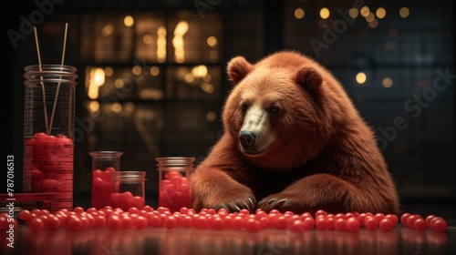Sad bear sitting with red graph on screen photo