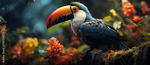 Colorful toucan sits gracefully on a jungle branch, surrounded by lush foliage