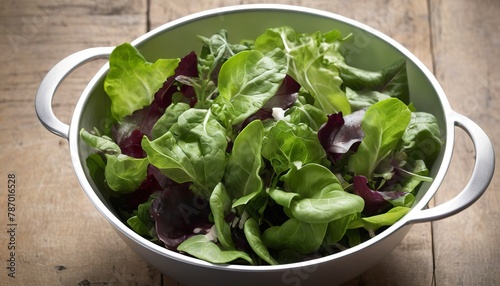 Fresh green spring mix salad leaves in a collander