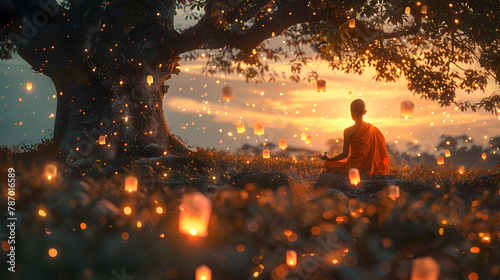 A young novice monk meditating under a Bodhi tree at dusk, located in the middle of a lush green meadow. sky lanterns float gently into the evening sky, casting a warm, ambient glow. photo