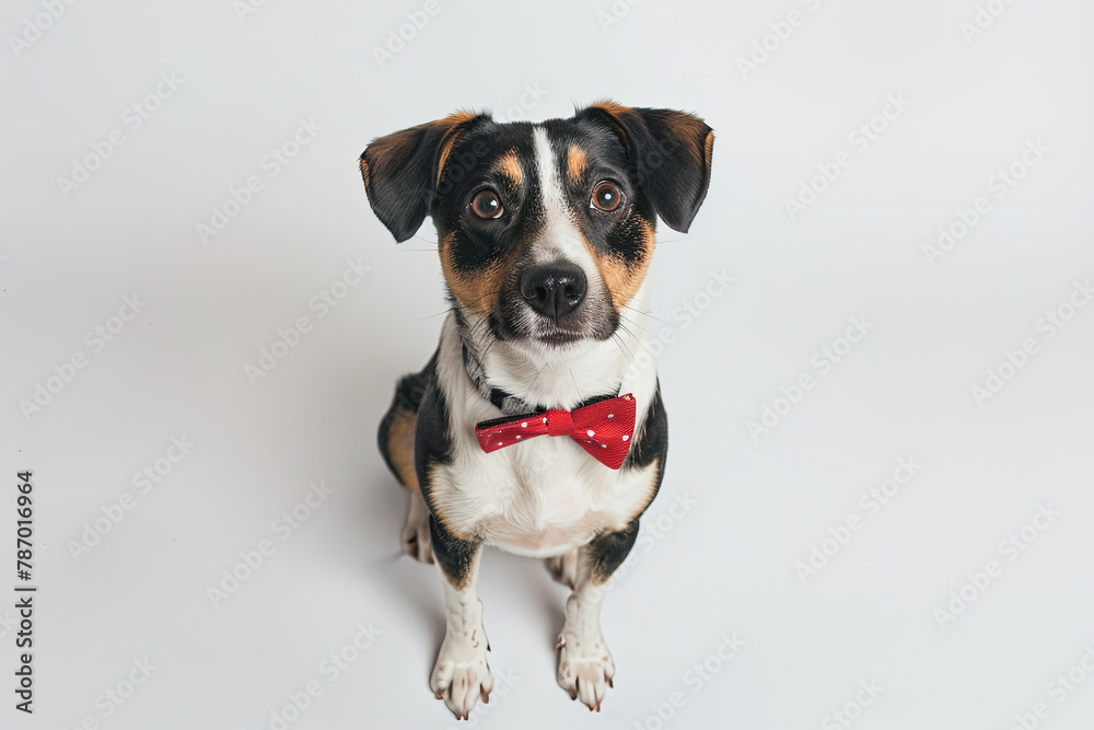 studio portrait of small cute black white and brown mixed breed rescue dog sitting and looking forward wearing a bowtie against a white background
