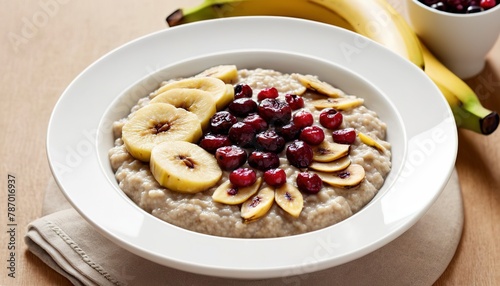 Multigrain porridge with baked bananas and cranberry