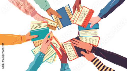 Reader hands exchanging or swapping books set. Diverse photo