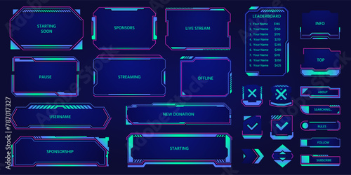 Game stream hud overlay. Futuristic cyber broadcast layout elements, digital streaming panel with webcam frame and chat bar. Vector UI set. Leaderboard, subscribe, follow and donation buttons