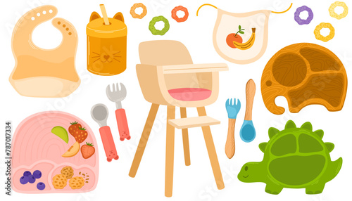Kid tableware set. Children dish, highchair, glass of non-spill, apron, forks and spoons, cereals. Vector hand draw illustration isolated 