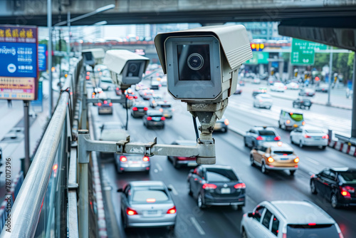 CCTV cameras on the overpass for recording on the road for safety and traffic violations 