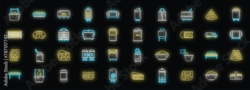 Cheese production icons set outline vector. Milk food. Making butter neon color on black