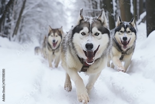Sled dog Siberian husky is driving a sled through a winter snow-covered forest © anwel