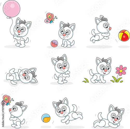 Playful cute little kitten playing with its toys on a walk in a park, set of vector cartoon illustrations on a white background