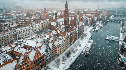 Aerial view of the beautiful main city in Gdansk at winter, Poland