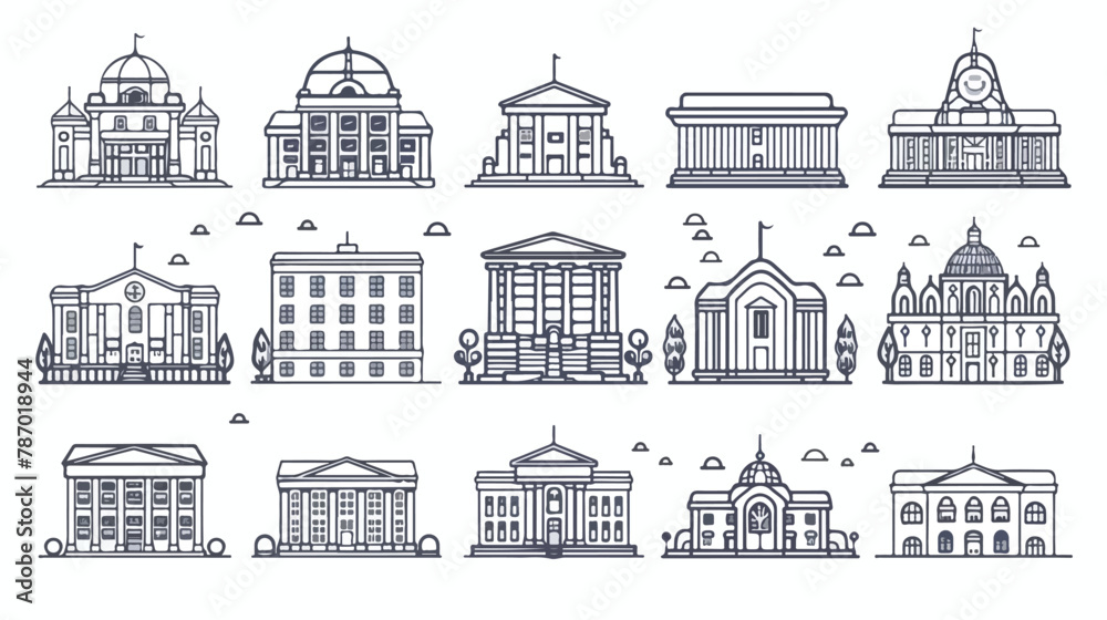 Government and education buildings set. Thin line art