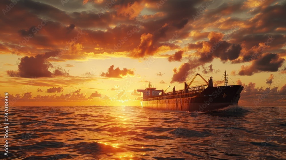 Cargo Ship Sailing at Sunset in Open Waters