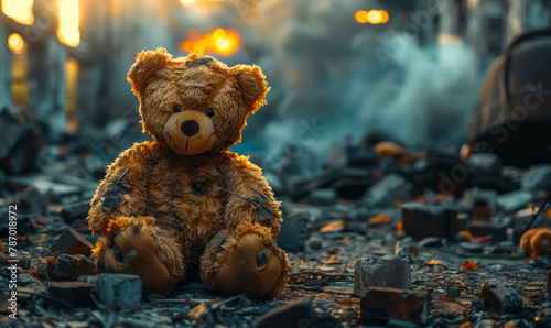 Teddy Bear Toy Over Destroyed Burning City Rubble, Children's Innocence Lost in War Aftermath