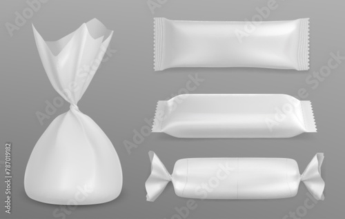 White blank candy wrapper mockup. Realistic 3d vector illustration set of chocolate and bonbon package template. Sweet dessert snack plastic container and pouch. Foil bag and packet for confectionery.