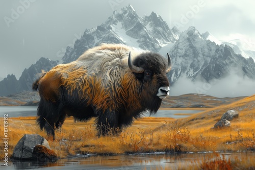 A bison is peacefully grazing in a grassy field by a tranquil lake, with majestic mountains and fluffy clouds in the sky creating a stunning natural landscape