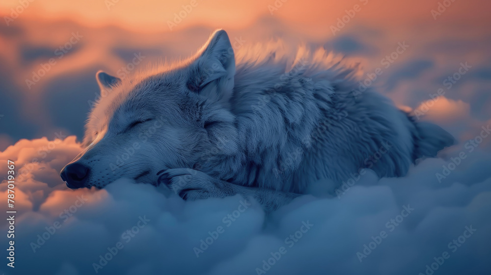 Illustration of a wolf sleeping soundly on a cloud at dusk