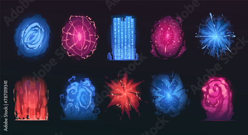 Portal cartoon effects. Magic gate teleportation, fantasy vortex and door frame, fantastic multiverse elements. Vector isolated set. Blue and red glowing gates for games of different shapes
