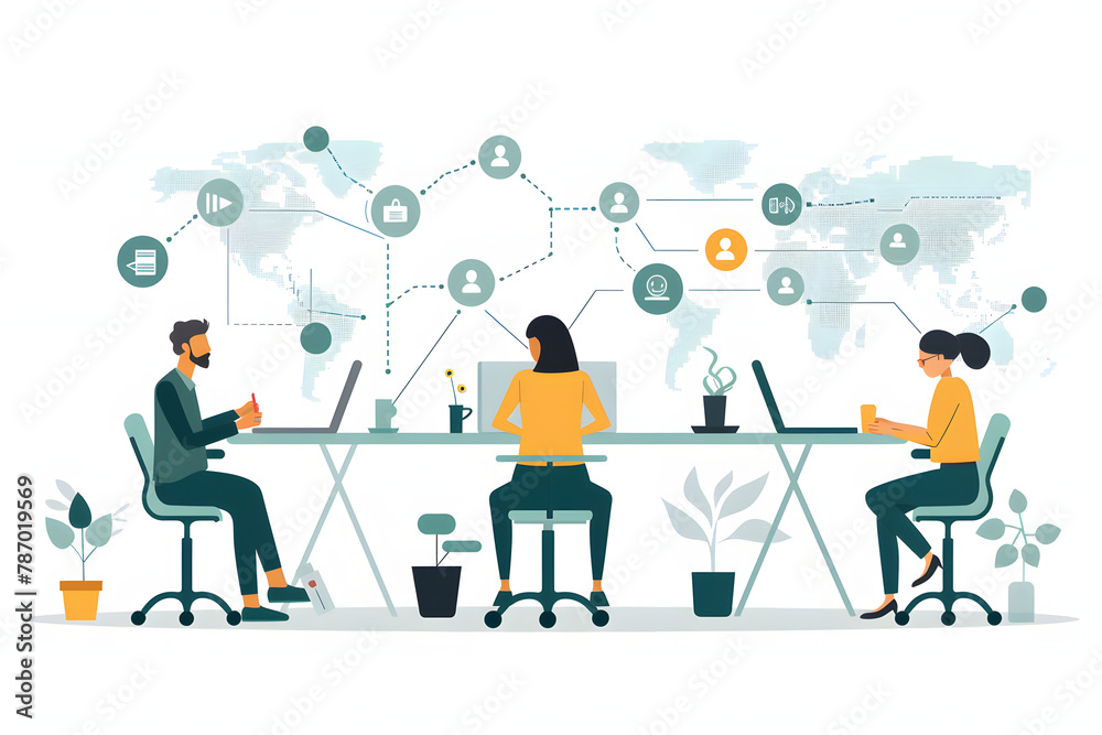 Isometric Cityscape with People Working on Laptops in Various Buildings Isometric Cityscape with People Working on Laptops in Various Buildings