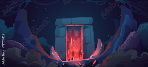 Cartoon magic portal background. Fantasy entrance arch with neon light effect, magic gate with star and lightning, mystic alien landscape. Vector illustration. Stone archway frame with red glow