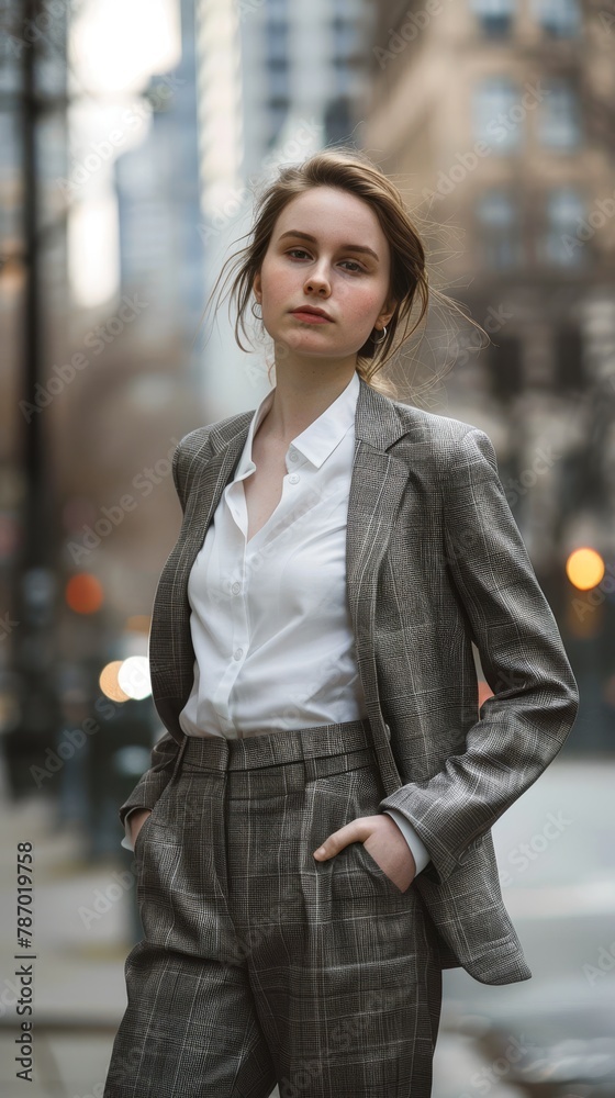 A young woman wearing a classic business suit, standing confidently with her hands in her pockets in an urban setting. A young woman wearing a classic business suit, standing confidently with her hands in her pockets in an urban setting.