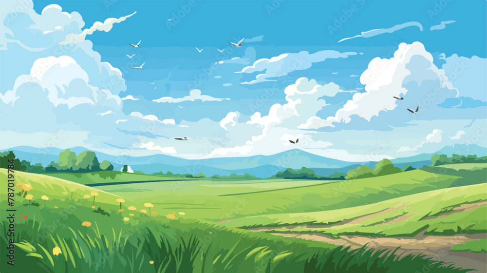 Green summer field on sunny day. Vector cartoon illustration