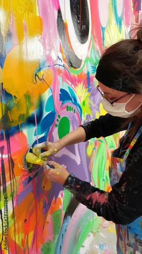 A young woman in a paint-splattered apron, creating a vibrant mural on an urban wall.