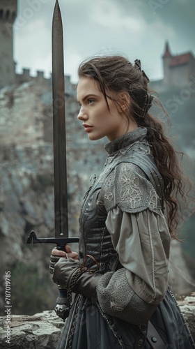 A young woman in a medieval costume, holding a sword, standing in front of a historic castle. 