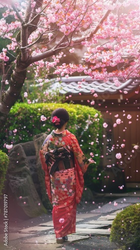 A young woman dressed in traditional Japanese kimono, admiring cherry blossoms in a peaceful garden. 