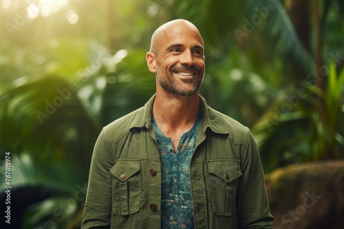 Portrait of a smiling man in his 40s sporting a rugged denim jacket in front of lush tropical rainforest