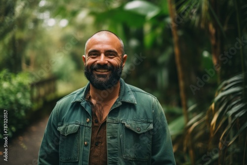 Portrait of a smiling man in his 40s sporting a rugged denim jacket isolated in lush tropical rainforest